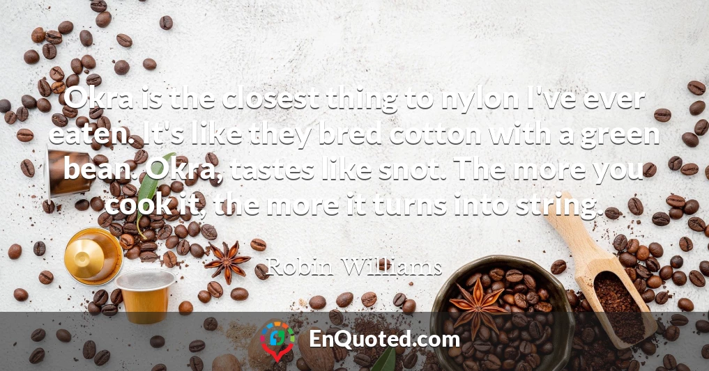 Okra is the closest thing to nylon I've ever eaten. It's like they bred cotton with a green bean. Okra, tastes like snot. The more you cook it, the more it turns into string.