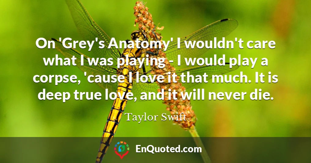 On 'Grey's Anatomy' I wouldn't care what I was playing - I would play a corpse, 'cause I love it that much. It is deep true love, and it will never die.