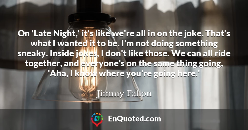 On 'Late Night,' it's like we're all in on the joke. That's what I wanted it to be. I'm not doing something sneaky. Inside jokes, I don't like those. We can all ride together, and everyone's on the same thing going, 'Aha, I know where you're going here.'