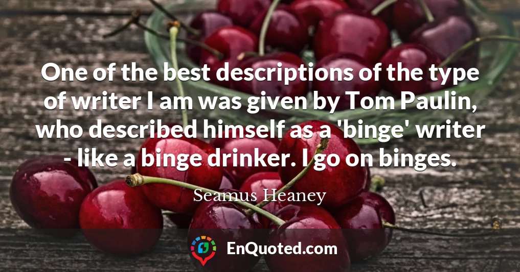 One of the best descriptions of the type of writer I am was given by Tom Paulin, who described himself as a 'binge' writer - like a binge drinker. I go on binges.