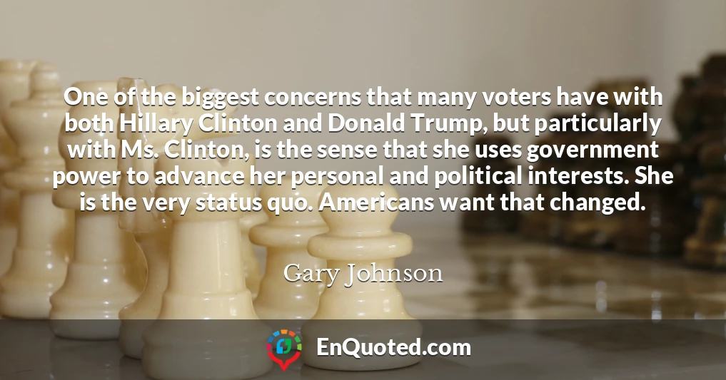 One of the biggest concerns that many voters have with both Hillary Clinton and Donald Trump, but particularly with Ms. Clinton, is the sense that she uses government power to advance her personal and political interests. She is the very status quo. Americans want that changed.