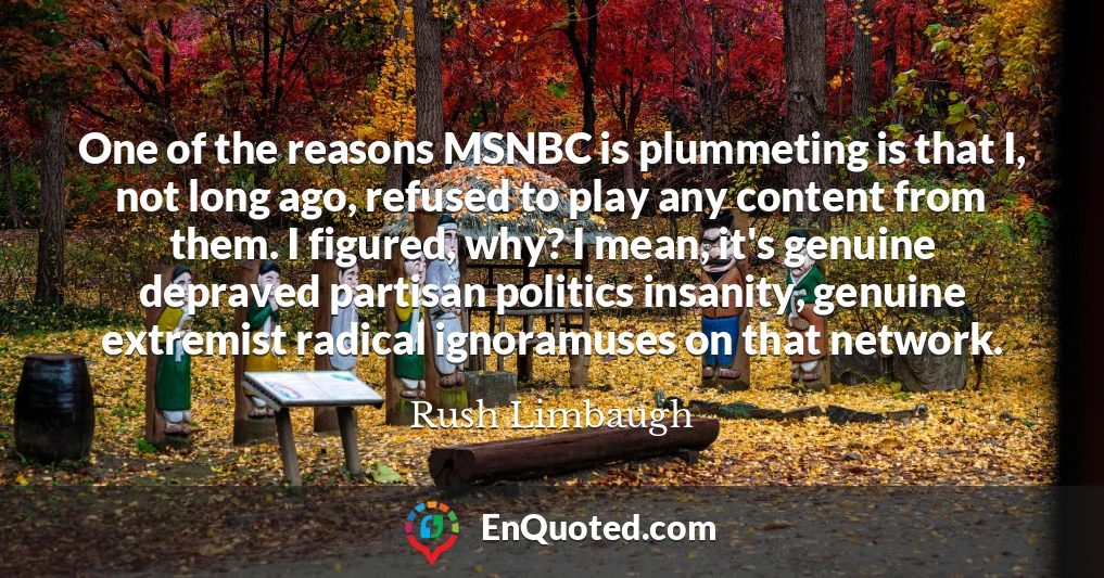 One of the reasons MSNBC is plummeting is that I, not long ago, refused to play any content from them. I figured, why? I mean, it's genuine depraved partisan politics insanity, genuine extremist radical ignoramuses on that network.