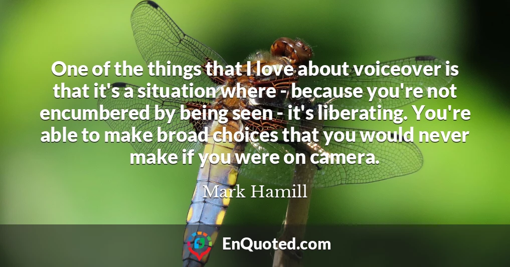 One of the things that I love about voiceover is that it's a situation where - because you're not encumbered by being seen - it's liberating. You're able to make broad choices that you would never make if you were on camera.