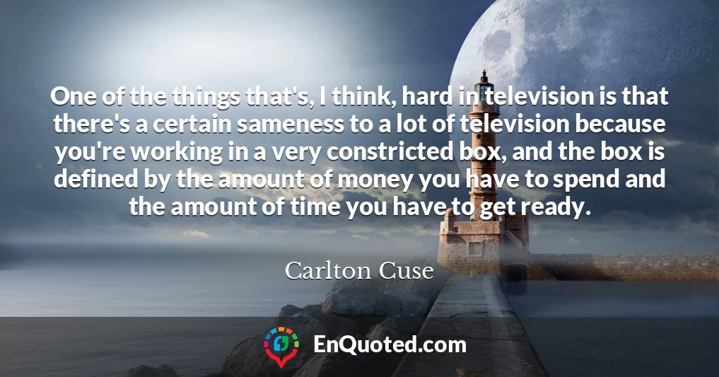 One of the things that's, I think, hard in television is that there's a certain sameness to a lot of television because you're working in a very constricted box, and the box is defined by the amount of money you have to spend and the amount of time you have to get ready.