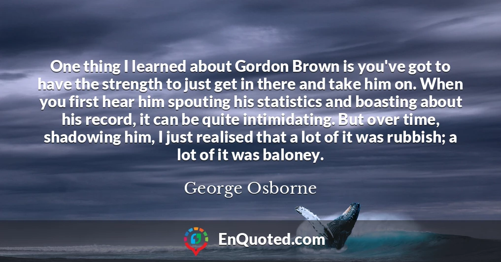 One thing I learned about Gordon Brown is you've got to have the strength to just get in there and take him on. When you first hear him spouting his statistics and boasting about his record, it can be quite intimidating. But over time, shadowing him, I just realised that a lot of it was rubbish; a lot of it was baloney.