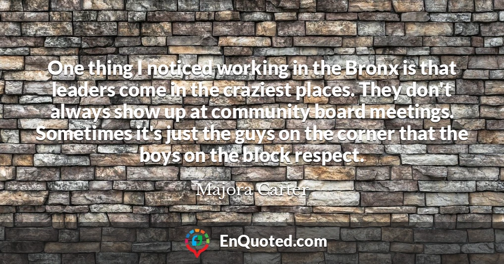One thing I noticed working in the Bronx is that leaders come in the craziest places. They don't always show up at community board meetings. Sometimes it's just the guys on the corner that the boys on the block respect.