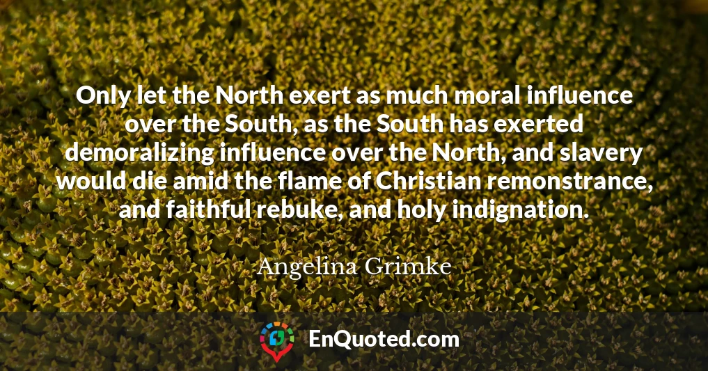 Only let the North exert as much moral influence over the South, as the South has exerted demoralizing influence over the North, and slavery would die amid the flame of Christian remonstrance, and faithful rebuke, and holy indignation.
