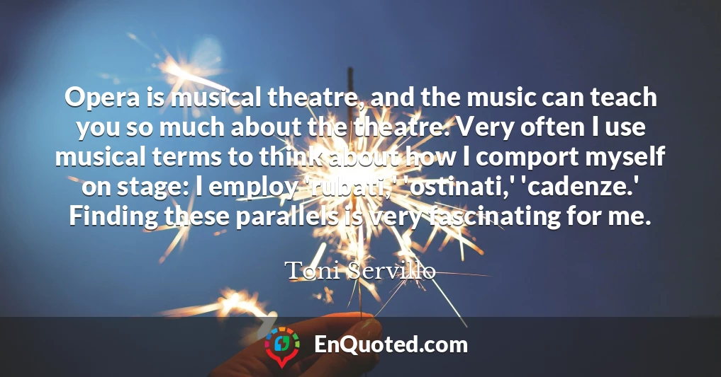 Opera is musical theatre, and the music can teach you so much about the theatre. Very often I use musical terms to think about how I comport myself on stage: I employ 'rubati,' 'ostinati,' 'cadenze.' Finding these parallels is very fascinating for me.