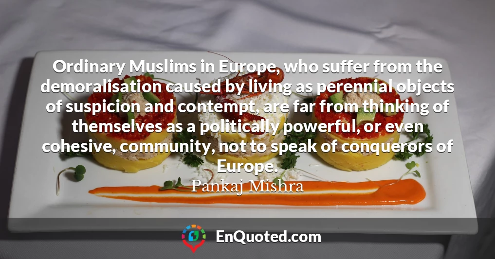 Ordinary Muslims in Europe, who suffer from the demoralisation caused by living as perennial objects of suspicion and contempt, are far from thinking of themselves as a politically powerful, or even cohesive, community, not to speak of conquerors of Europe.