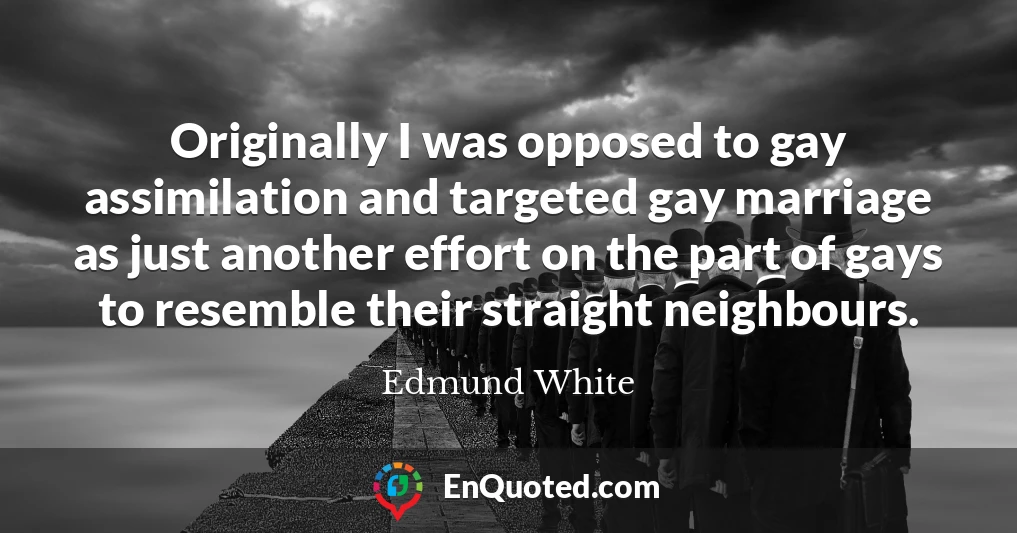 Originally I was opposed to gay assimilation and targeted gay marriage as just another effort on the part of gays to resemble their straight neighbours.