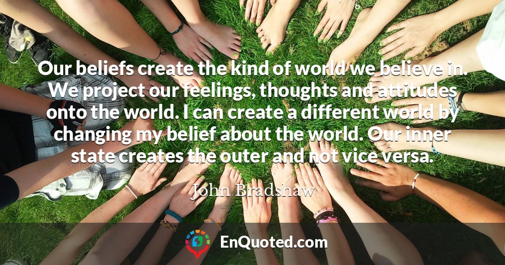 Our beliefs create the kind of world we believe in. We project our feelings, thoughts and attitudes onto the world. I can create a different world by changing my belief about the world. Our inner state creates the outer and not vice versa.