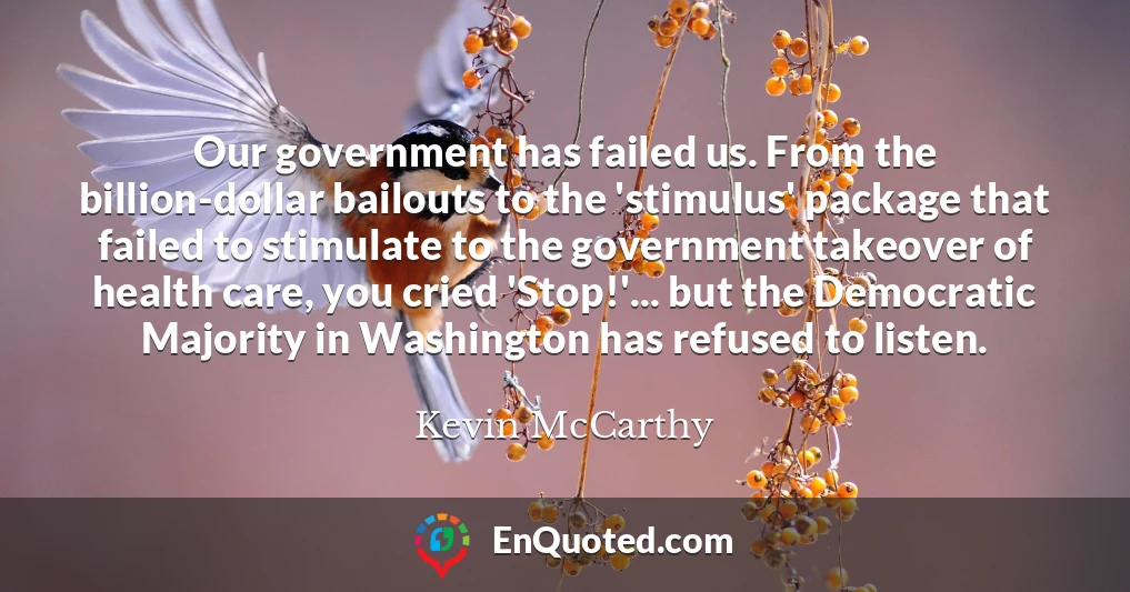 Our government has failed us. From the billion-dollar bailouts to the 'stimulus' package that failed to stimulate to the government takeover of health care, you cried 'Stop!'... but the Democratic Majority in Washington has refused to listen.