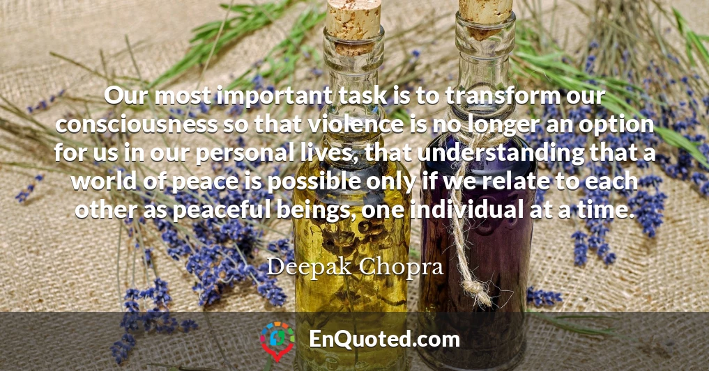 Our most important task is to transform our consciousness so that violence is no longer an option for us in our personal lives, that understanding that a world of peace is possible only if we relate to each other as peaceful beings, one individual at a time.