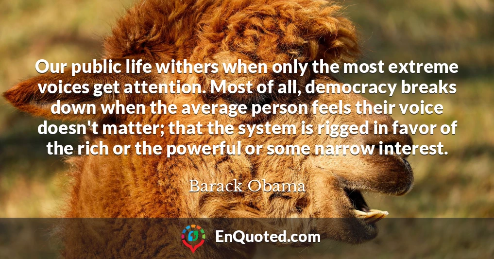 Our public life withers when only the most extreme voices get attention. Most of all, democracy breaks down when the average person feels their voice doesn't matter; that the system is rigged in favor of the rich or the powerful or some narrow interest.