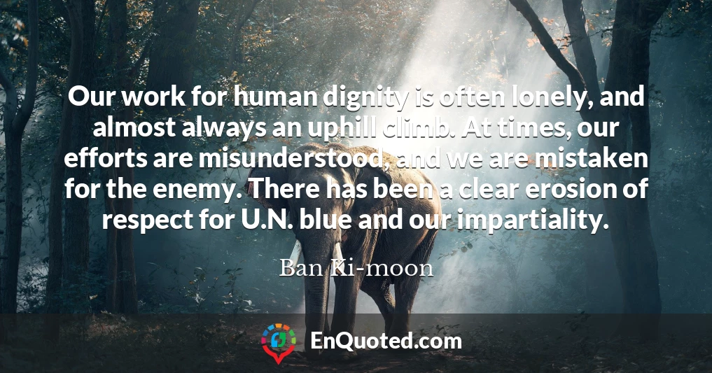 Our work for human dignity is often lonely, and almost always an uphill climb. At times, our efforts are misunderstood, and we are mistaken for the enemy. There has been a clear erosion of respect for U.N. blue and our impartiality.