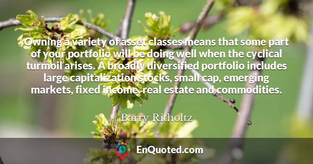 Owning a variety of asset classes means that some part of your portfolio will be doing well when the cyclical turmoil arises. A broadly diversified portfolio includes large capitalization stocks, small cap, emerging markets, fixed income, real estate and commodities.