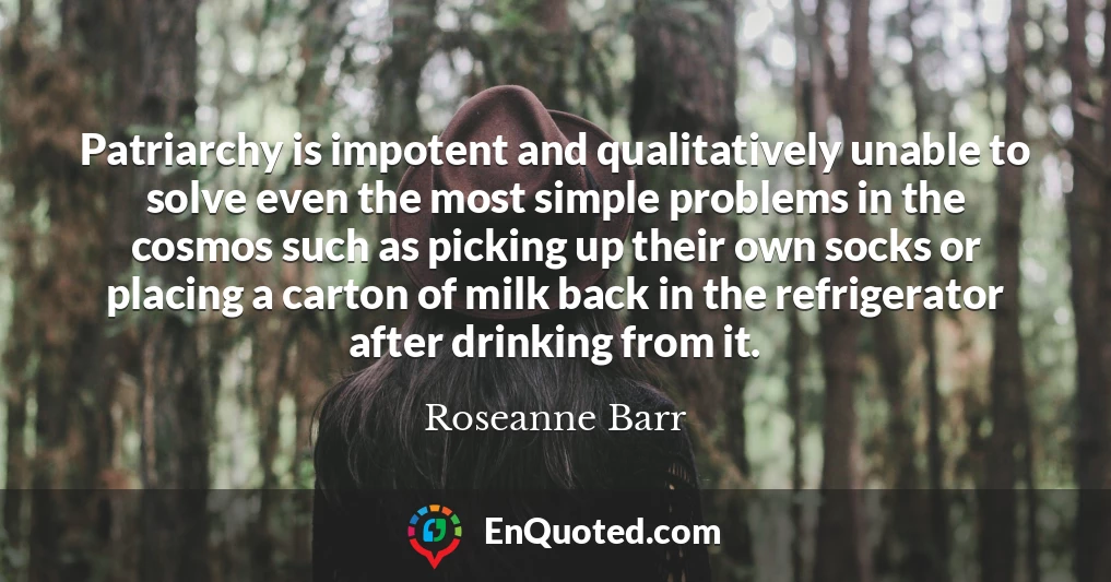 Patriarchy is impotent and qualitatively unable to solve even the most simple problems in the cosmos such as picking up their own socks or placing a carton of milk back in the refrigerator after drinking from it.