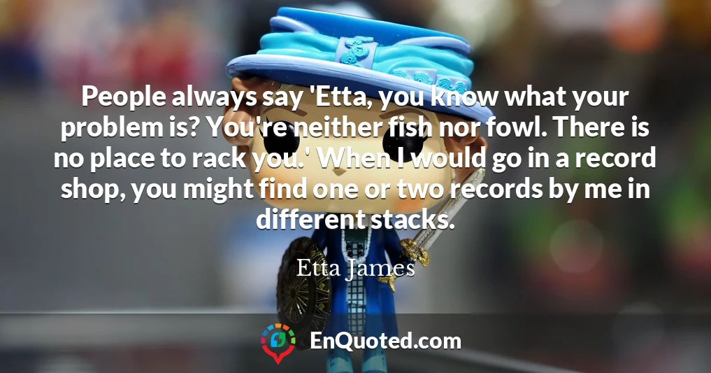 People always say 'Etta, you know what your problem is? You're neither fish nor fowl. There is no place to rack you.' When I would go in a record shop, you might find one or two records by me in different stacks.