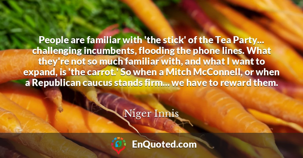 People are familiar with 'the stick' of the Tea Party... challenging incumbents, flooding the phone lines. What they're not so much familiar with, and what I want to expand, is 'the carrot.' So when a Mitch McConnell, or when a Republican caucus stands firm... we have to reward them.
