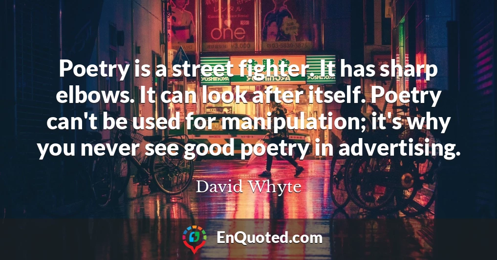 Poetry is a street fighter. It has sharp elbows. It can look after itself. Poetry can't be used for manipulation; it's why you never see good poetry in advertising.