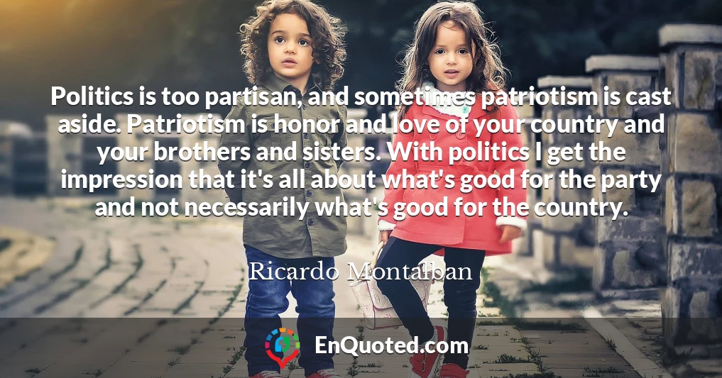 Politics is too partisan, and sometimes patriotism is cast aside. Patriotism is honor and love of your country and your brothers and sisters. With politics I get the impression that it's all about what's good for the party and not necessarily what's good for the country.