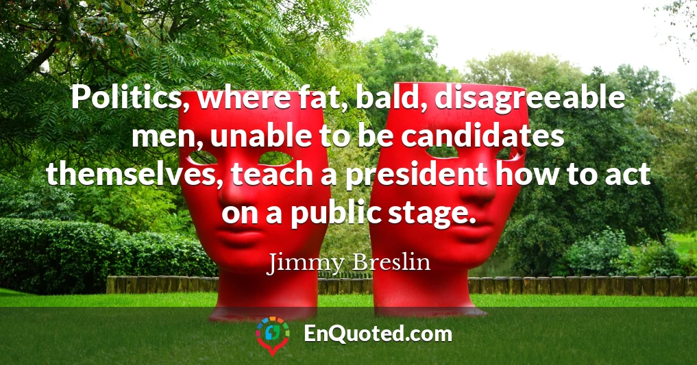 Politics, where fat, bald, disagreeable men, unable to be candidates themselves, teach a president how to act on a public stage.