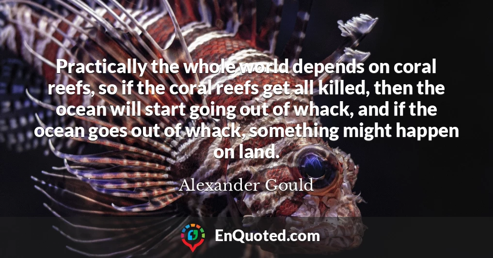 Practically the whole world depends on coral reefs, so if the coral reefs get all killed, then the ocean will start going out of whack, and if the ocean goes out of whack, something might happen on land.