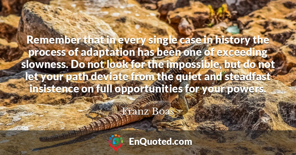 Remember that in every single case in history the process of adaptation has been one of exceeding slowness. Do not look for the impossible, but do not let your path deviate from the quiet and steadfast insistence on full opportunities for your powers.