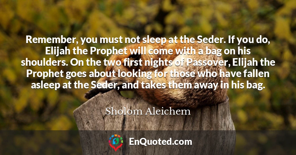 Remember, you must not sleep at the Seder. If you do, Elijah the Prophet will come with a bag on his shoulders. On the two first nights of Passover, Elijah the Prophet goes about looking for those who have fallen asleep at the Seder, and takes them away in his bag.