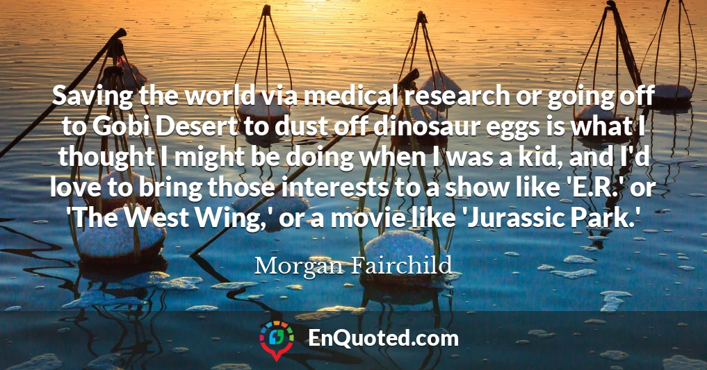 Saving the world via medical research or going off to Gobi Desert to dust off dinosaur eggs is what I thought I might be doing when I was a kid, and I'd love to bring those interests to a show like 'E.R.' or 'The West Wing,' or a movie like 'Jurassic Park.'