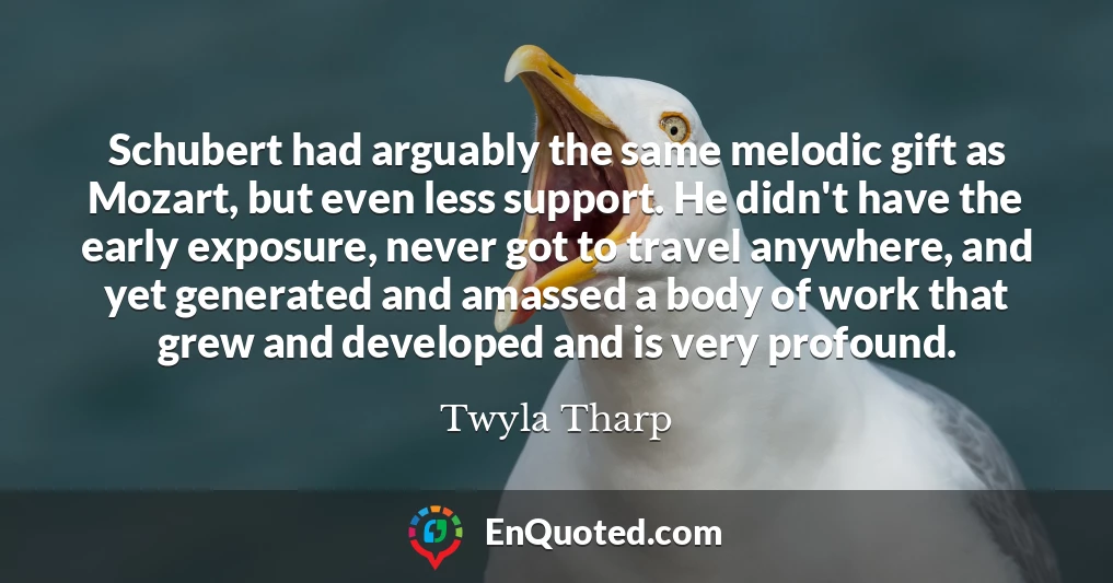 Schubert had arguably the same melodic gift as Mozart, but even less support. He didn't have the early exposure, never got to travel anywhere, and yet generated and amassed a body of work that grew and developed and is very profound.