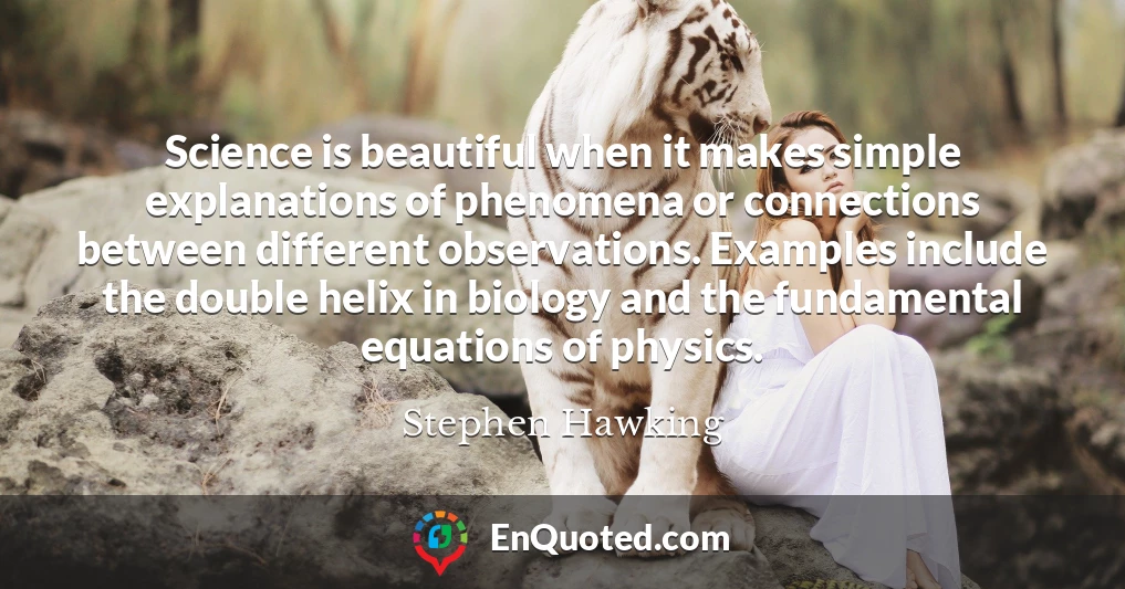 Science is beautiful when it makes simple explanations of phenomena or connections between different observations. Examples include the double helix in biology and the fundamental equations of physics.