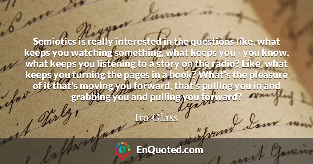 Semiotics is really interested in the questions like, what keeps you watching something, what keeps you - you know, what keeps you listening to a story on the radio? Like, what keeps you turning the pages in a book? What's the pleasure of it that's moving you forward, that's pulling you in and grabbing you and pulling you forward?
