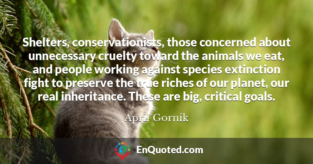 Shelters, conservationists, those concerned about unnecessary cruelty toward the animals we eat, and people working against species extinction fight to preserve the true riches of our planet, our real inheritance. These are big, critical goals.