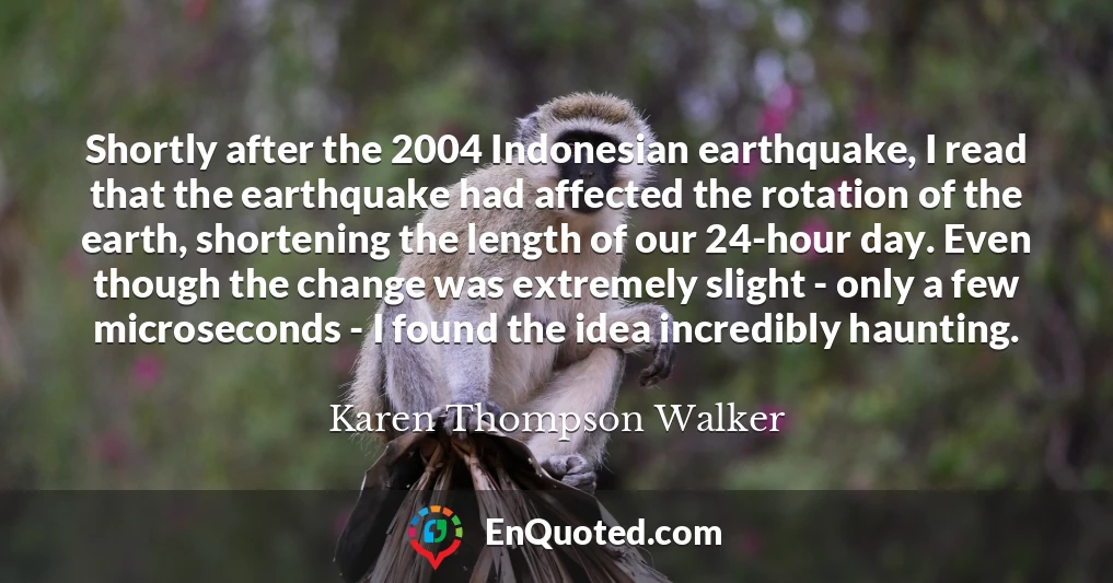 Shortly after the 2004 Indonesian earthquake, I read that the earthquake had affected the rotation of the earth, shortening the length of our 24-hour day. Even though the change was extremely slight - only a few microseconds - I found the idea incredibly haunting.