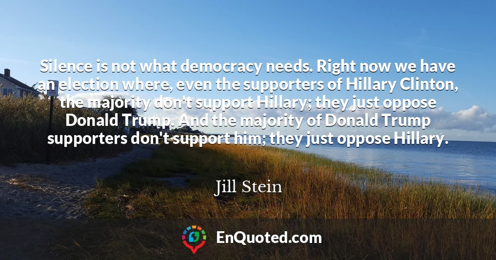 Silence is not what democracy needs. Right now we have an election where, even the supporters of Hillary Clinton, the majority don't support Hillary; they just oppose Donald Trump. And the majority of Donald Trump supporters don't support him; they just oppose Hillary.