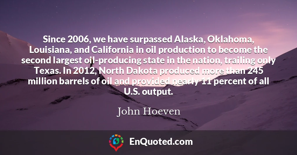 Since 2006, we have surpassed Alaska, Oklahoma, Louisiana, and California in oil production to become the second largest oil-producing state in the nation, trailing only Texas. In 2012, North Dakota produced more than 245 million barrels of oil and provided nearly 11 percent of all U.S. output.