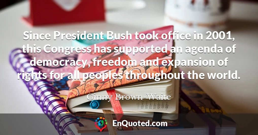 Since President Bush took office in 2001, this Congress has supported an agenda of democracy, freedom and expansion of rights for all peoples throughout the world.