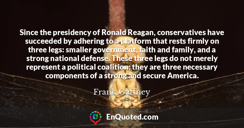 Since the presidency of Ronald Reagan, conservatives have succeeded by adhering to a platform that rests firmly on three legs: smaller government, faith and family, and a strong national defense. These three legs do not merely represent a political coalition; they are three necessary components of a strong and secure America.