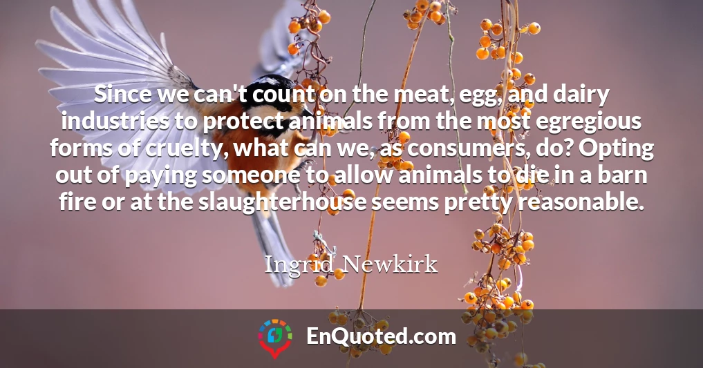 Since we can't count on the meat, egg, and dairy industries to protect animals from the most egregious forms of cruelty, what can we, as consumers, do? Opting out of paying someone to allow animals to die in a barn fire or at the slaughterhouse seems pretty reasonable.