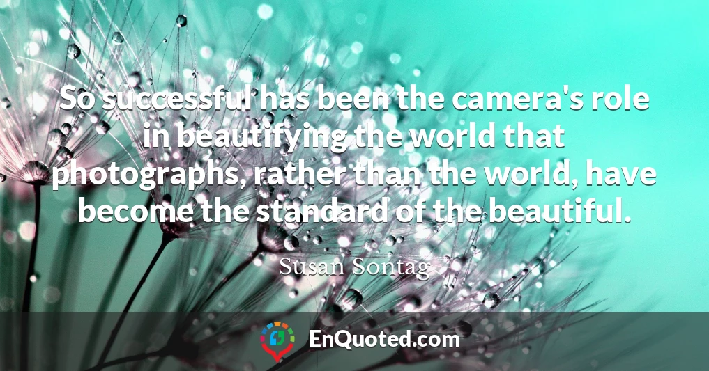 So successful has been the camera's role in beautifying the world that photographs, rather than the world, have become the standard of the beautiful.