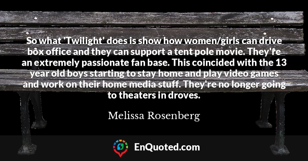 So what 'Twilight' does is show how women/girls can drive box office and they can support a tent pole movie. They're an extremely passionate fan base. This coincided with the 13 year old boys starting to stay home and play video games and work on their home media stuff. They're no longer going to theaters in droves.