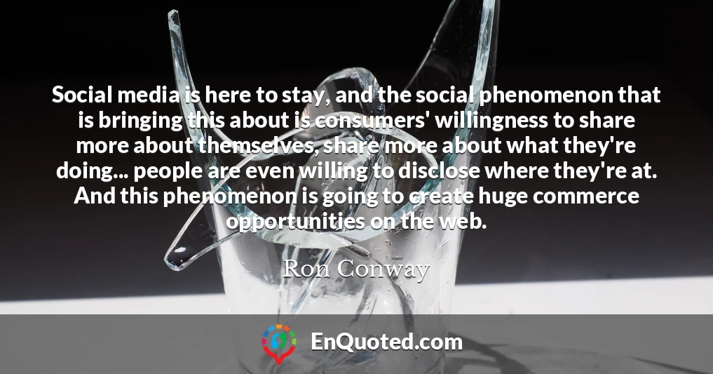 Social media is here to stay, and the social phenomenon that is bringing this about is consumers' willingness to share more about themselves, share more about what they're doing... people are even willing to disclose where they're at. And this phenomenon is going to create huge commerce opportunities on the web.