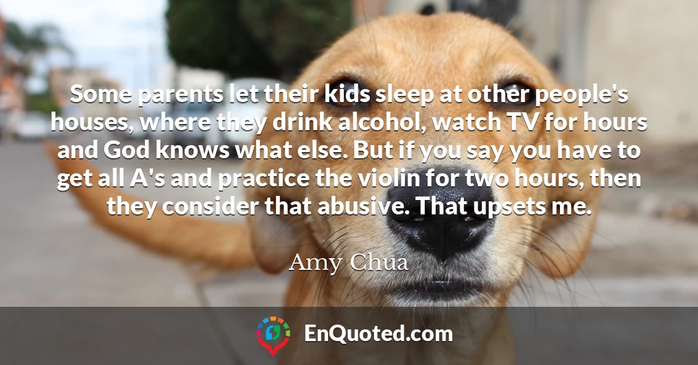 Some parents let their kids sleep at other people's houses, where they drink alcohol, watch TV for hours and God knows what else. But if you say you have to get all A's and practice the violin for two hours, then they consider that abusive. That upsets me.