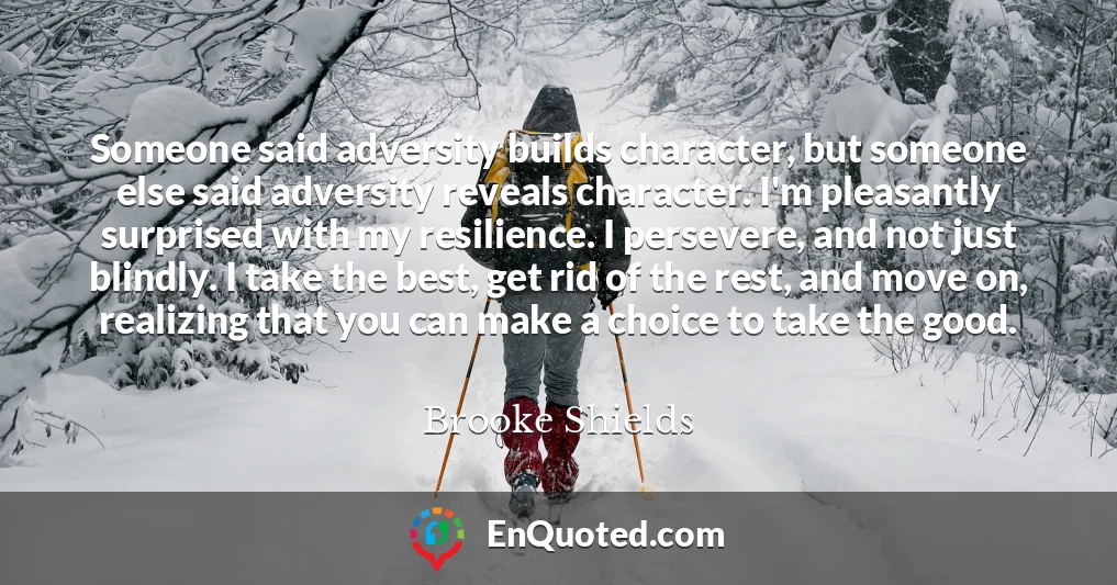 Someone said adversity builds character, but someone else said adversity reveals character. I'm pleasantly surprised with my resilience. I persevere, and not just blindly. I take the best, get rid of the rest, and move on, realizing that you can make a choice to take the good.