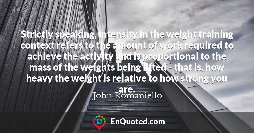 Strictly speaking, intensity in the weight training context refers to the amount of work required to achieve the activity and is proportional to the mass of the weights being lifted - that is, how heavy the weight is relative to how strong you are.
