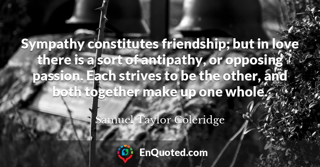 Sympathy constitutes friendship; but in love there is a sort of antipathy, or opposing passion. Each strives to be the other, and both together make up one whole.