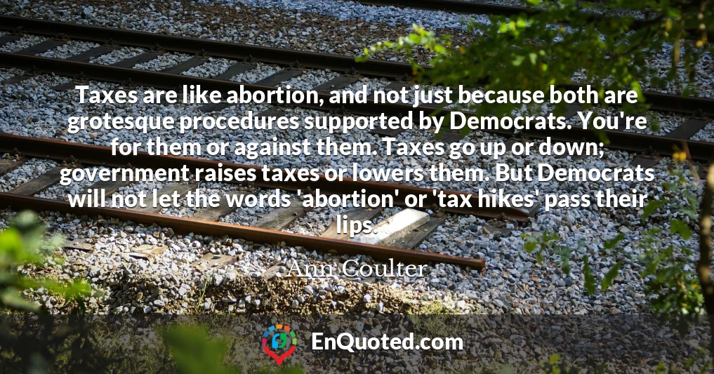 Taxes are like abortion, and not just because both are grotesque procedures supported by Democrats. You're for them or against them. Taxes go up or down; government raises taxes or lowers them. But Democrats will not let the words 'abortion' or 'tax hikes' pass their lips.