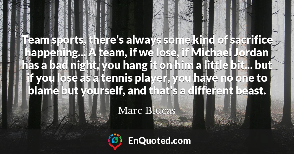 Team sports, there's always some kind of sacrifice happening... A team, if we lose, if Michael Jordan has a bad night, you hang it on him a little bit... but if you lose as a tennis player, you have no one to blame but yourself, and that's a different beast.