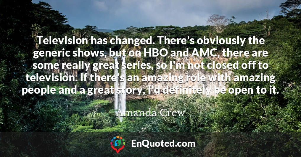 Television has changed. There's obviously the generic shows, but on HBO and AMC, there are some really great series, so I'm not closed off to television. If there's an amazing role with amazing people and a great story, I'd definitely be open to it.
